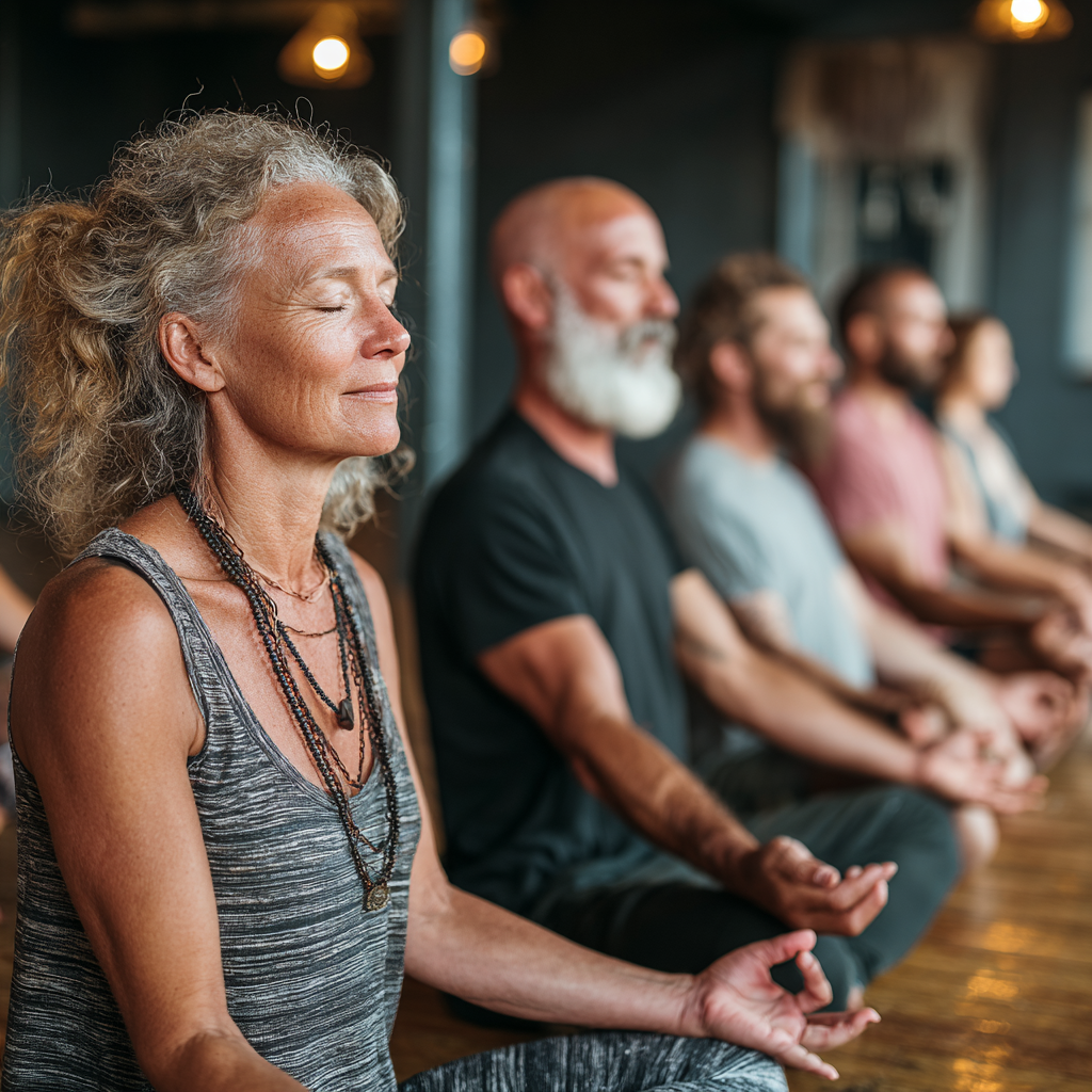 Diverse group of mature adults aged 45-55 practicing yoga together in a peaceful studio setting with natural wood floors