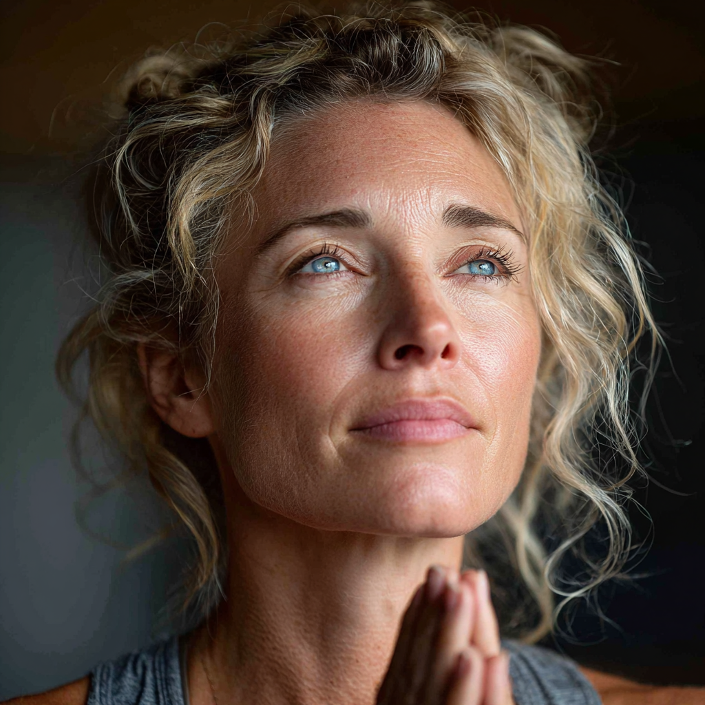 Peaceful woman in her late forties practicing yoga meditation in a serene studio environment with natural lighting